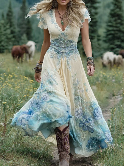 Women's purple floral maxi dress with V-neck and short sleeves