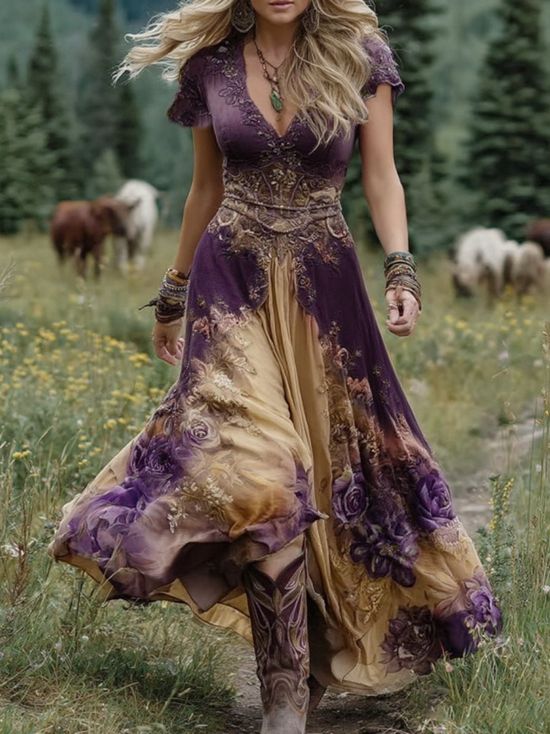 Women's purple floral maxi dress with V-neck and short sleeves