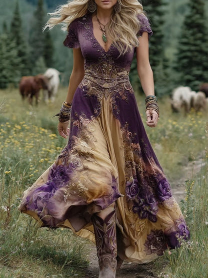 Women's purple floral maxi dress with V-neck and short sleeves