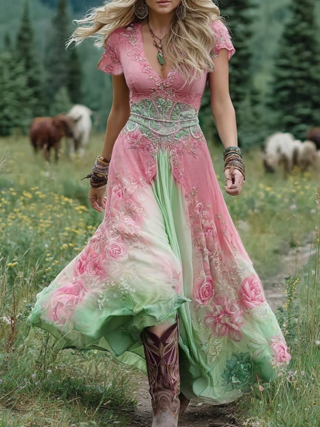 Women's purple floral maxi dress with V-neck and short sleeves
