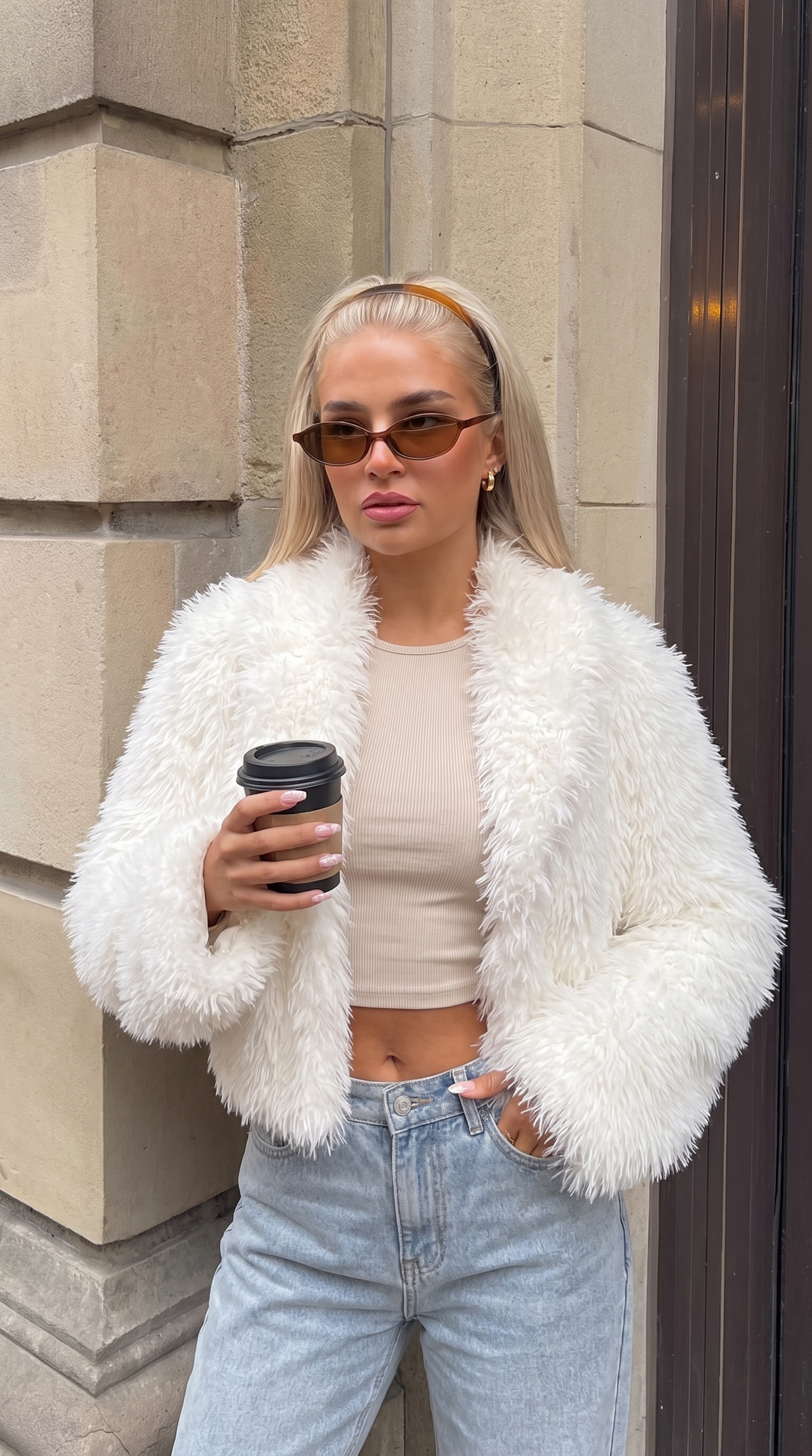 White Relaxed Faux Fur Jacket, Fully Lined for Comfort – view 3