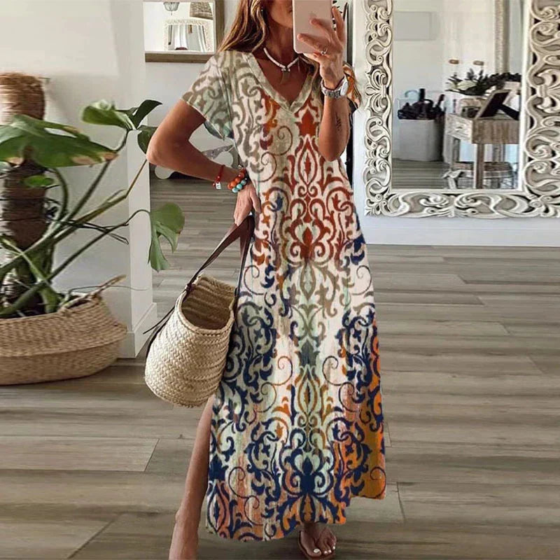 Sophie | Womens Dress Boho Printed Maxi V Neck 0