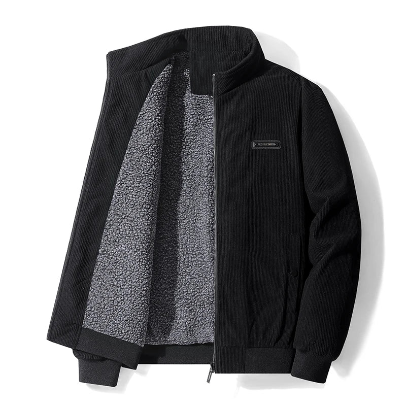Nolan corduroy bomber jacket worn, lifestyle shot