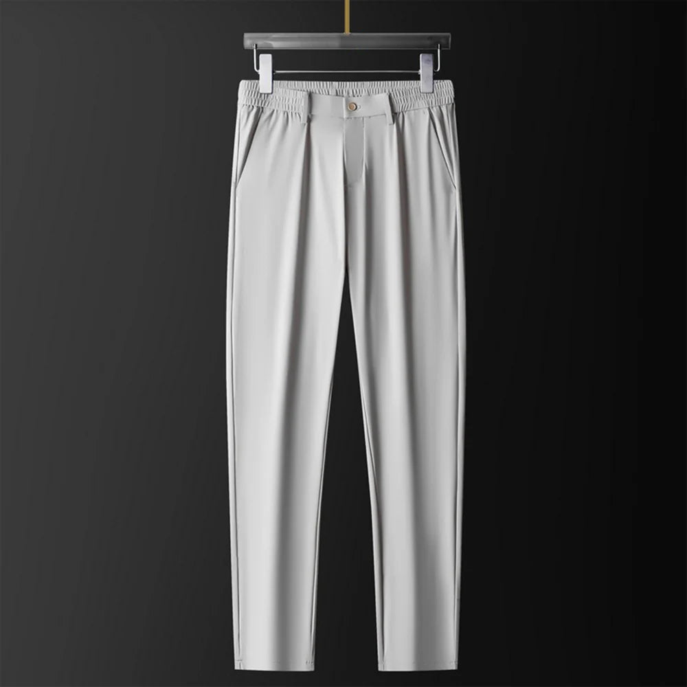 Men's light gray stretch pants in cotton silk blend