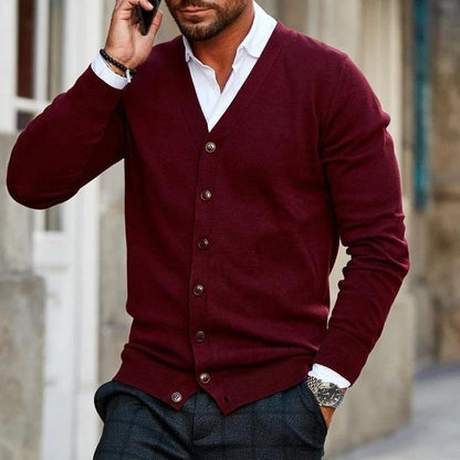 Men's v-neck button cardigan in dark red