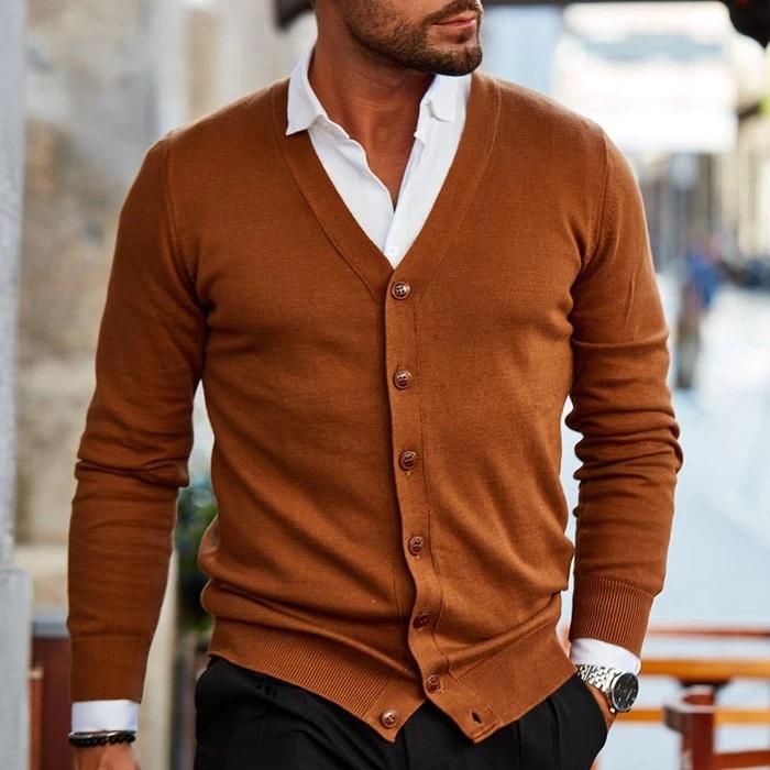 Men's v-neck button cardigan in dark brown