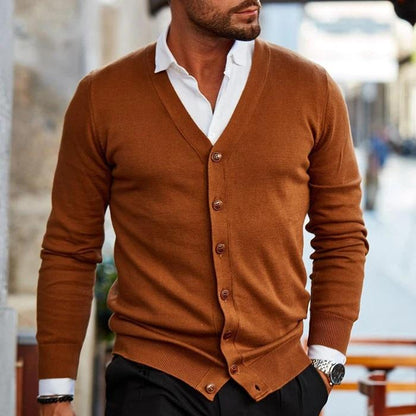 Men's v-neck button cardigan in dark brown
