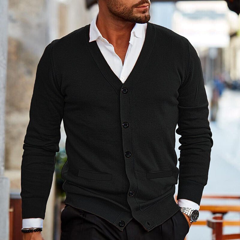 Men's v-neck button cardigan in black