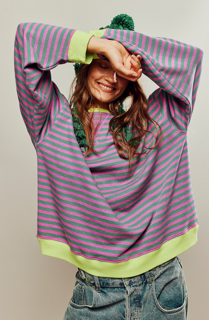 Women's striped oversized sweater in green and pink