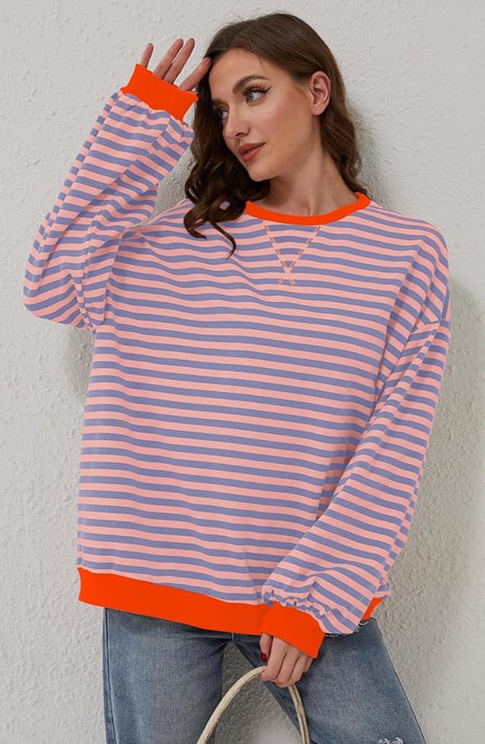 Women's striped oversized sweater in orange and blue