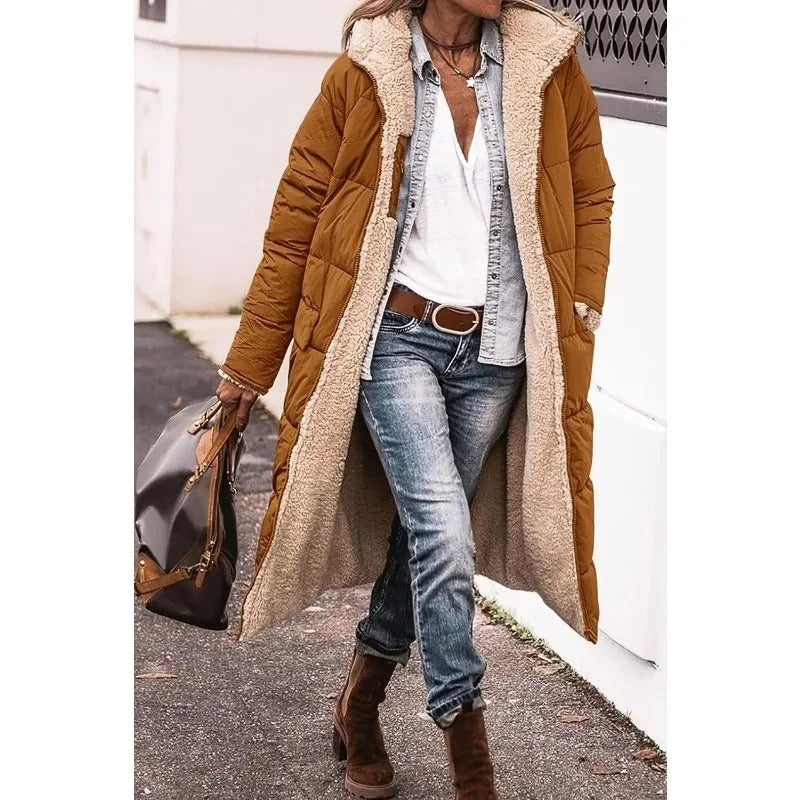 Women's brown longline quilted puffer jacket with sherpa lining
