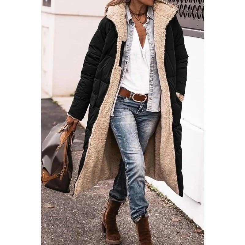 Women's brown longline quilted puffer jacket with sherpa lining