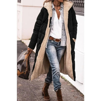Women's brown longline quilted puffer jacket with sherpa lining