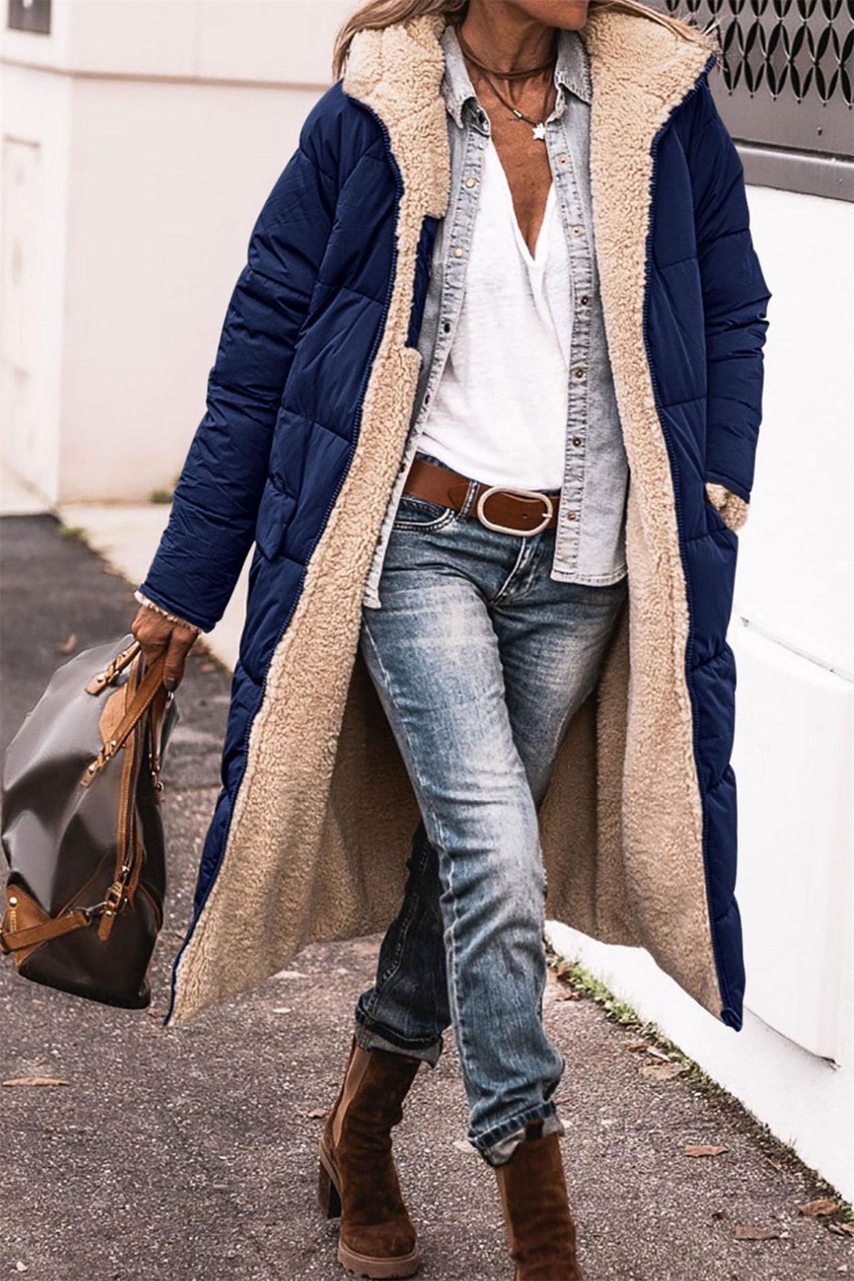 Women's brown longline quilted puffer jacket with sherpa lining
