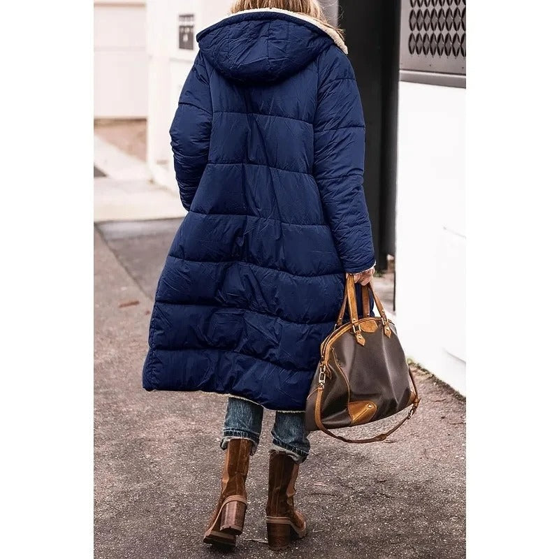 Women's brown longline quilted puffer jacket with sherpa lining
