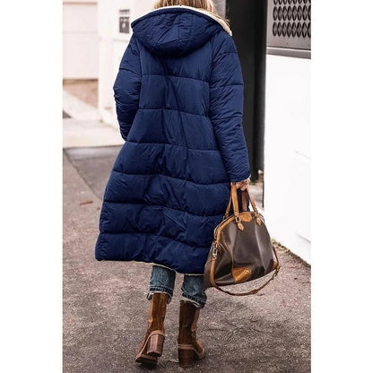 Women's brown longline quilted puffer jacket with sherpa lining