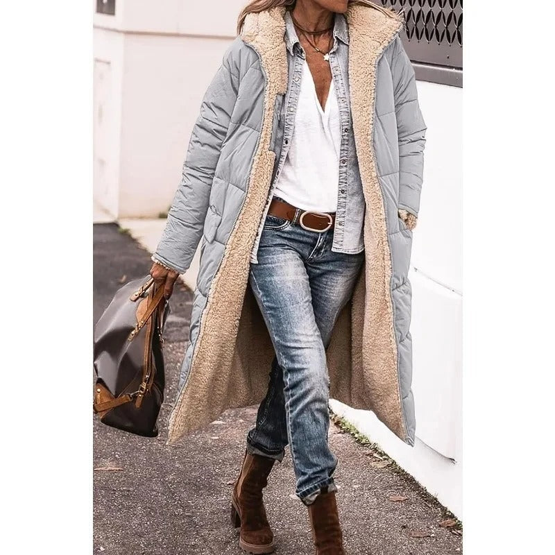 Women's brown longline quilted puffer jacket with sherpa lining