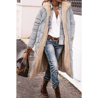 Women's brown longline quilted puffer jacket with sherpa lining