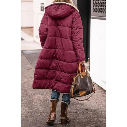 Women's black longline quilted puffer jacket with sherpa lining