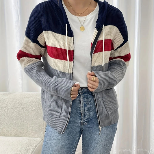 Women's Hooded Zip Cardigan, Color-Block Winter Layer
