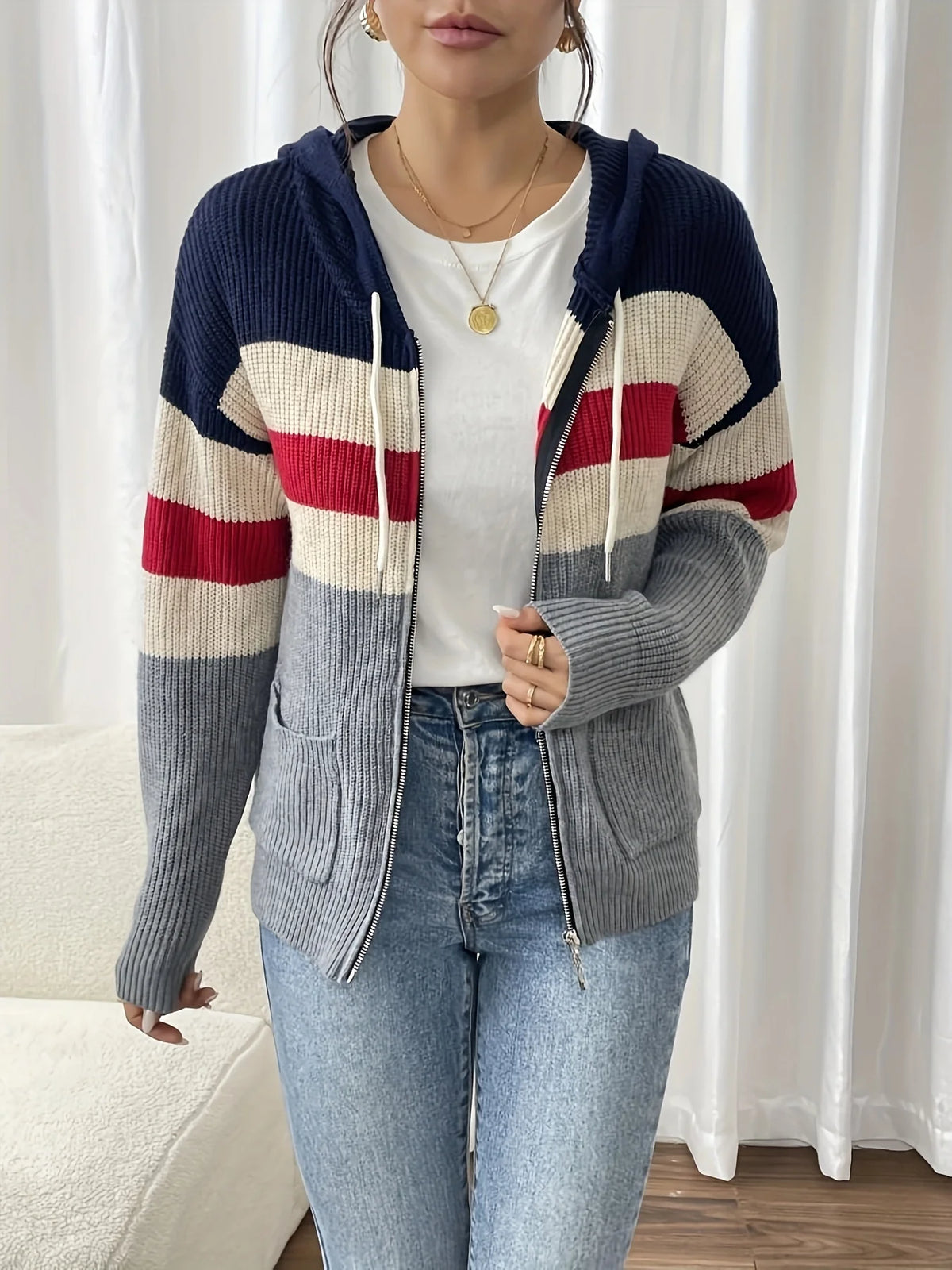 Women's Hooded Zip Cardigan, Color-Block Winter Layer