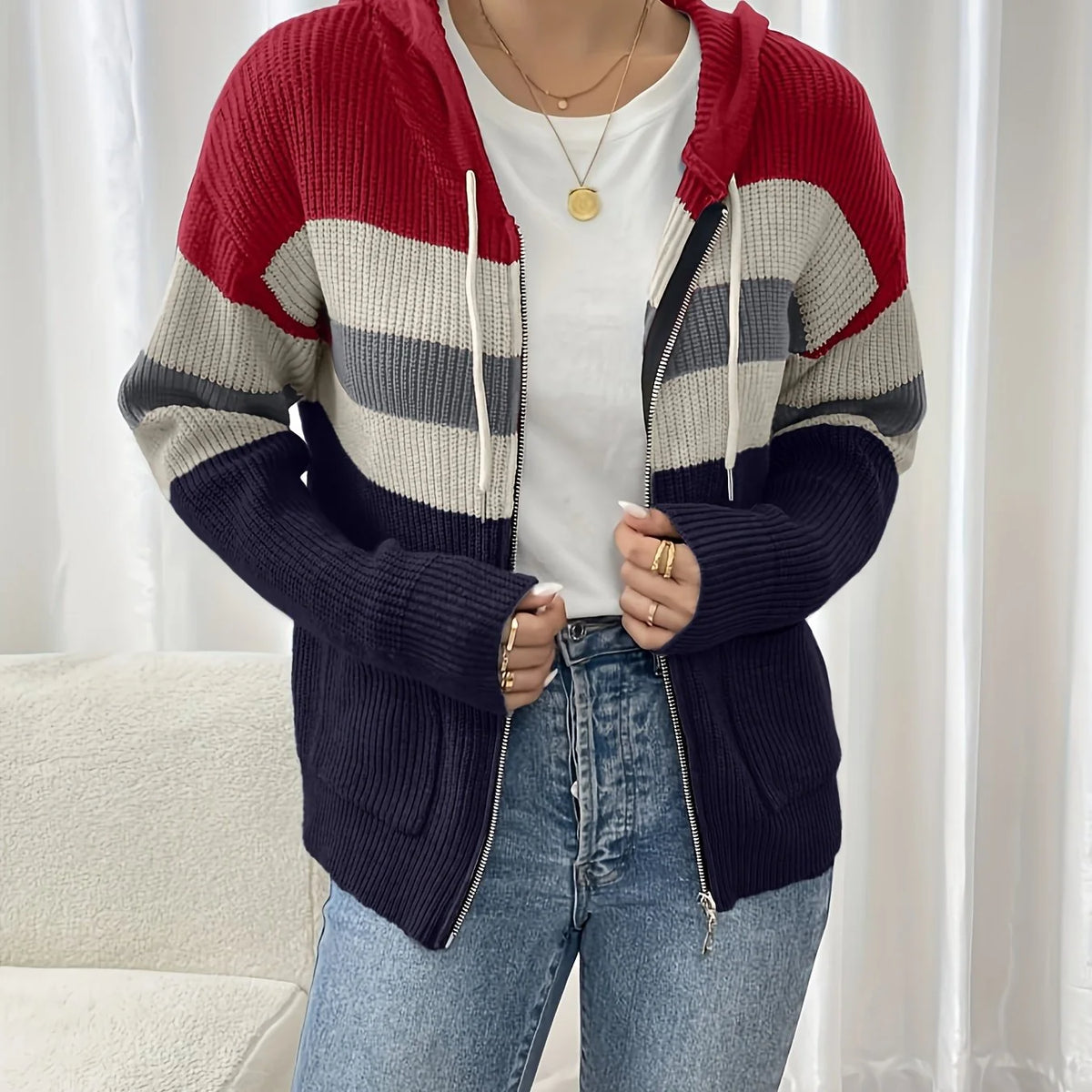 Women's Hooded Zip Cardigan, Color-Block Winter Layer