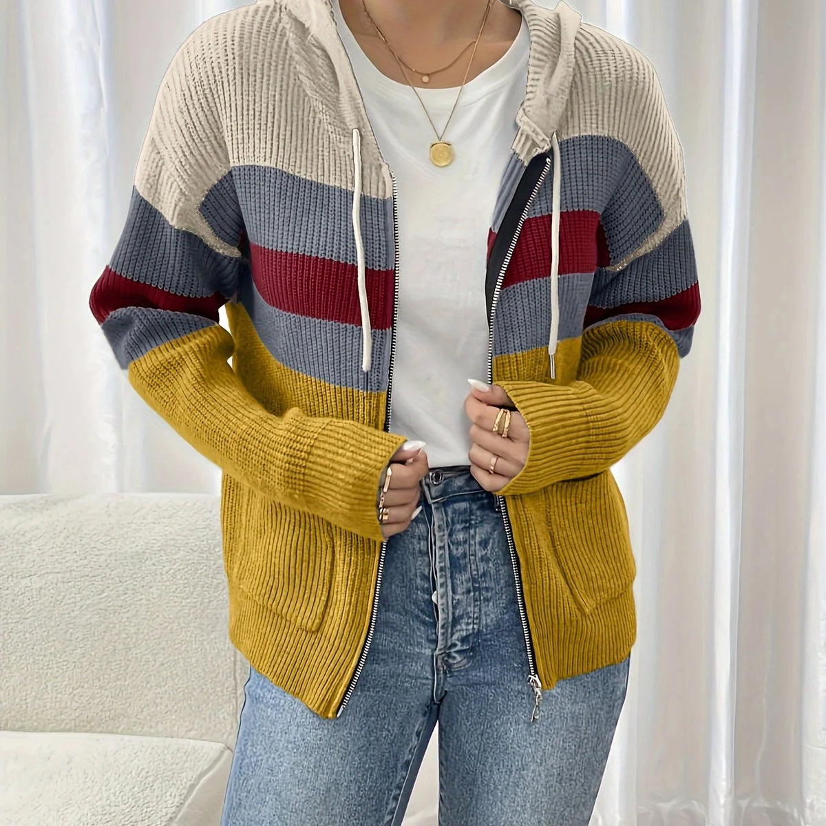 Women's Hooded Zip Cardigan, Color-Block Winter Layer