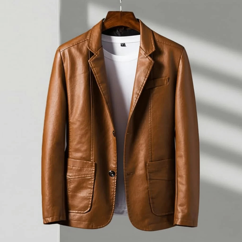 Men's brown tailored leather-look jacket with two button closure