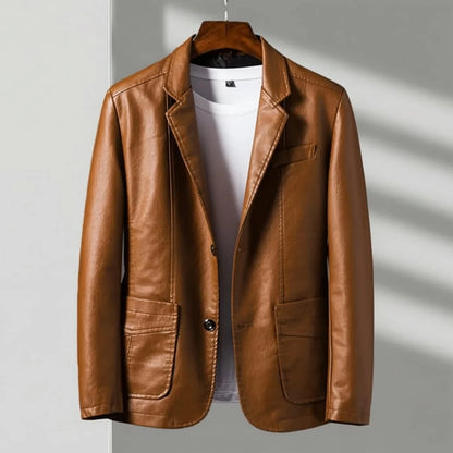 Men's brown tailored leather-look jacket with two button closure