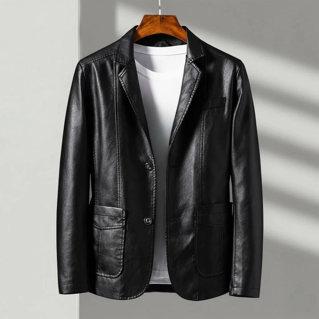 Men's classic black tailored leather-look jacket with two button closure