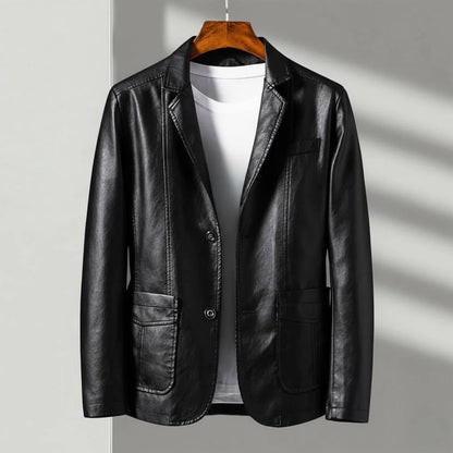 Men's classic black tailored leather-look jacket with two button closure