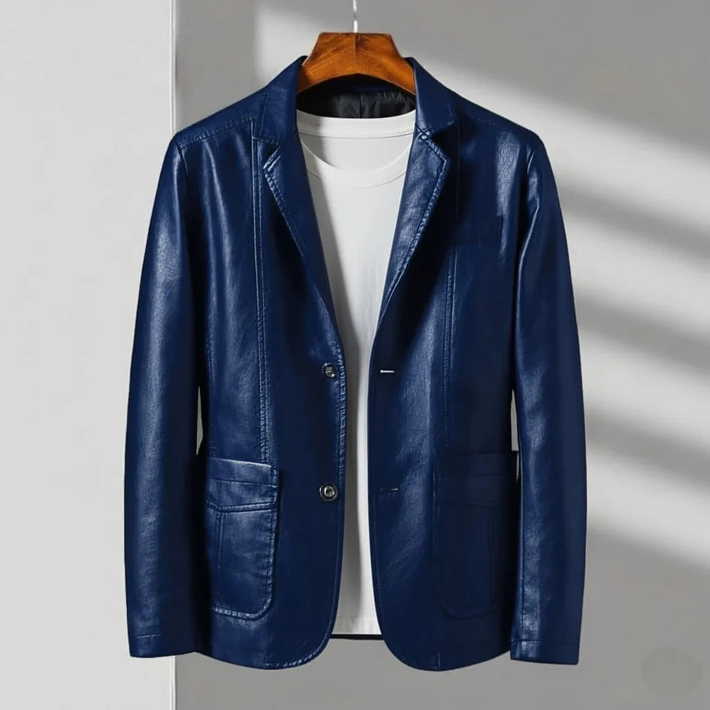 Men's navy blue tailored leather-look jacket with two button closure