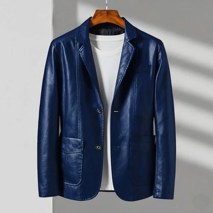 Men's navy blue tailored leather-look jacket with two button closure