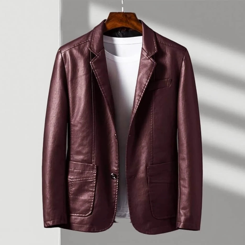 Men's burgundy tailored leather-look jacket with two button closure