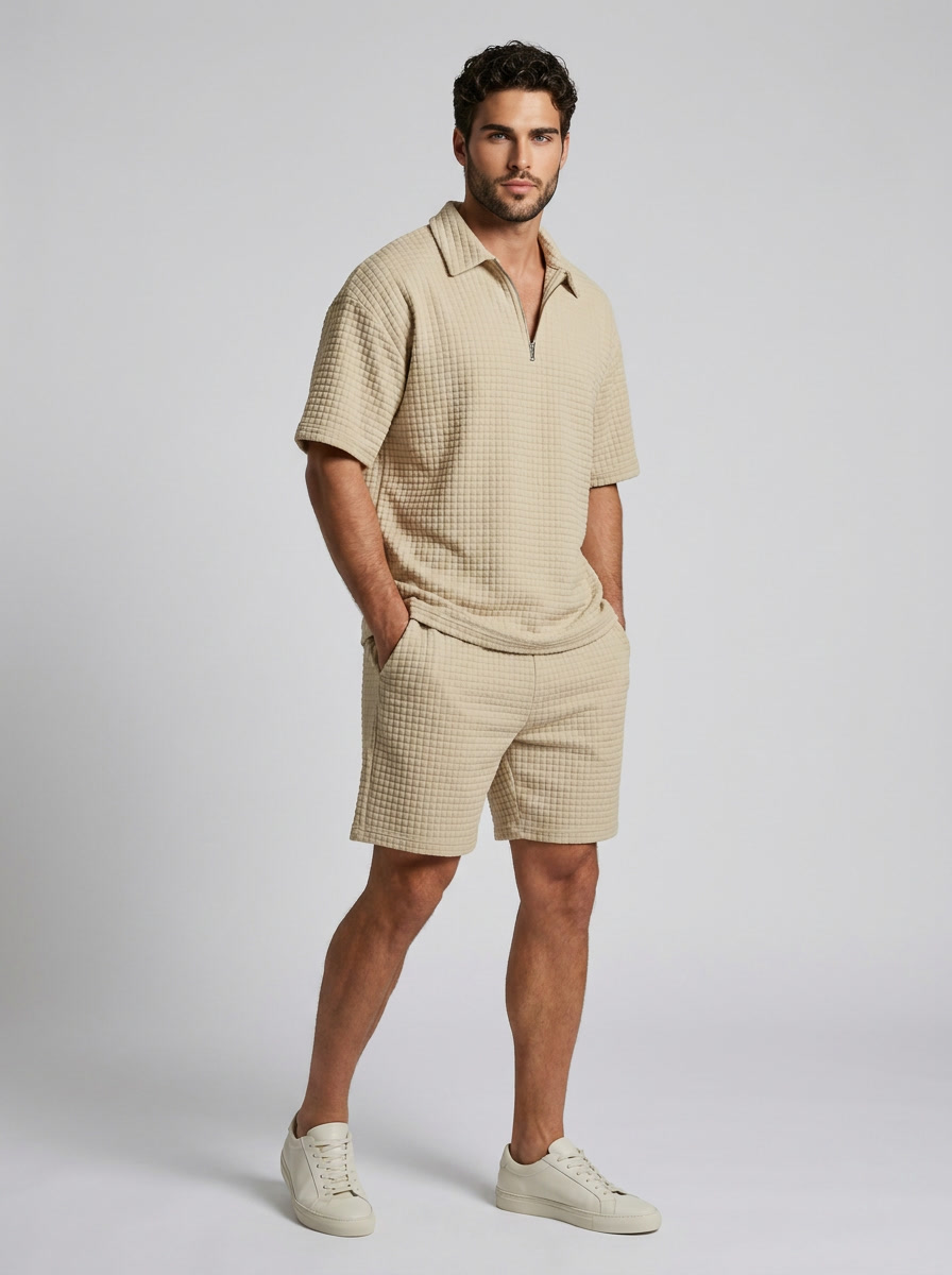 Men's beige Waffle Knit Polo & Shorts Matching Set