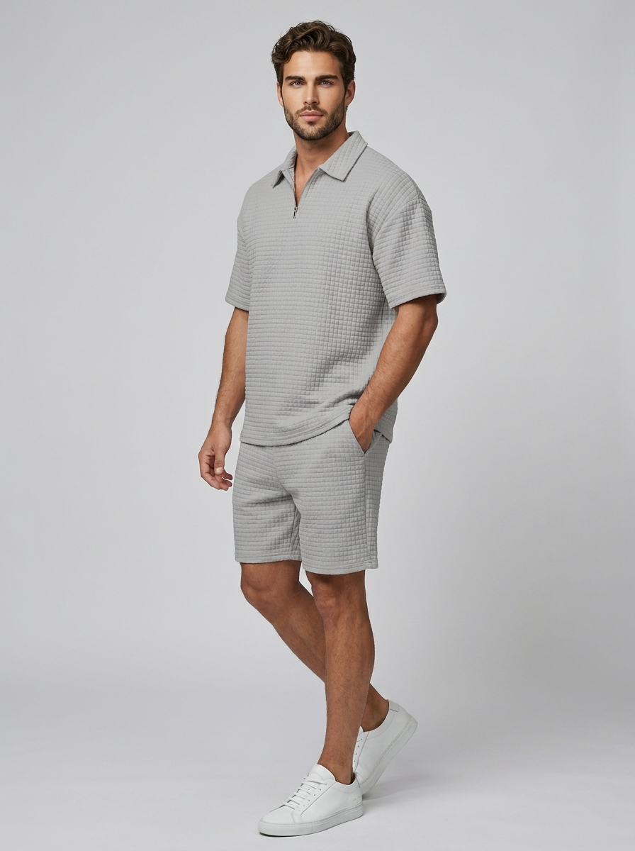 Men's beige Waffle Knit Polo & Shorts Matching Set