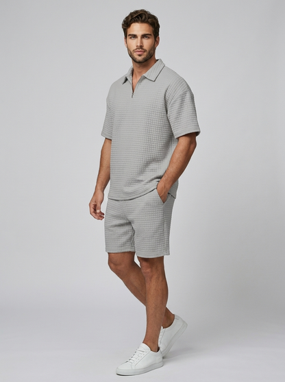 Men's beige Waffle Knit Polo & Shorts Matching Set