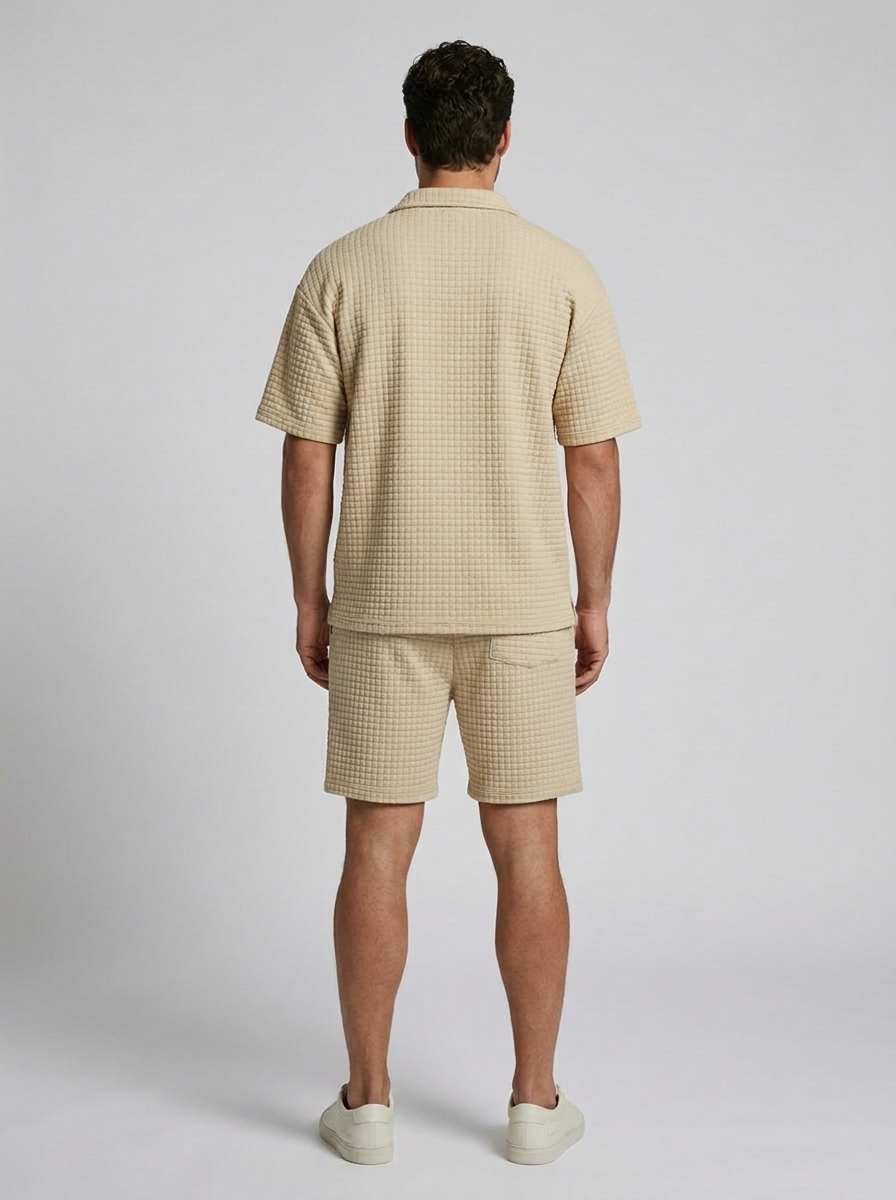 Men's beige Waffle Knit Polo & Shorts Matching Set