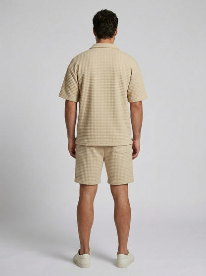 Men's beige Waffle Knit Polo & Shorts Matching Set