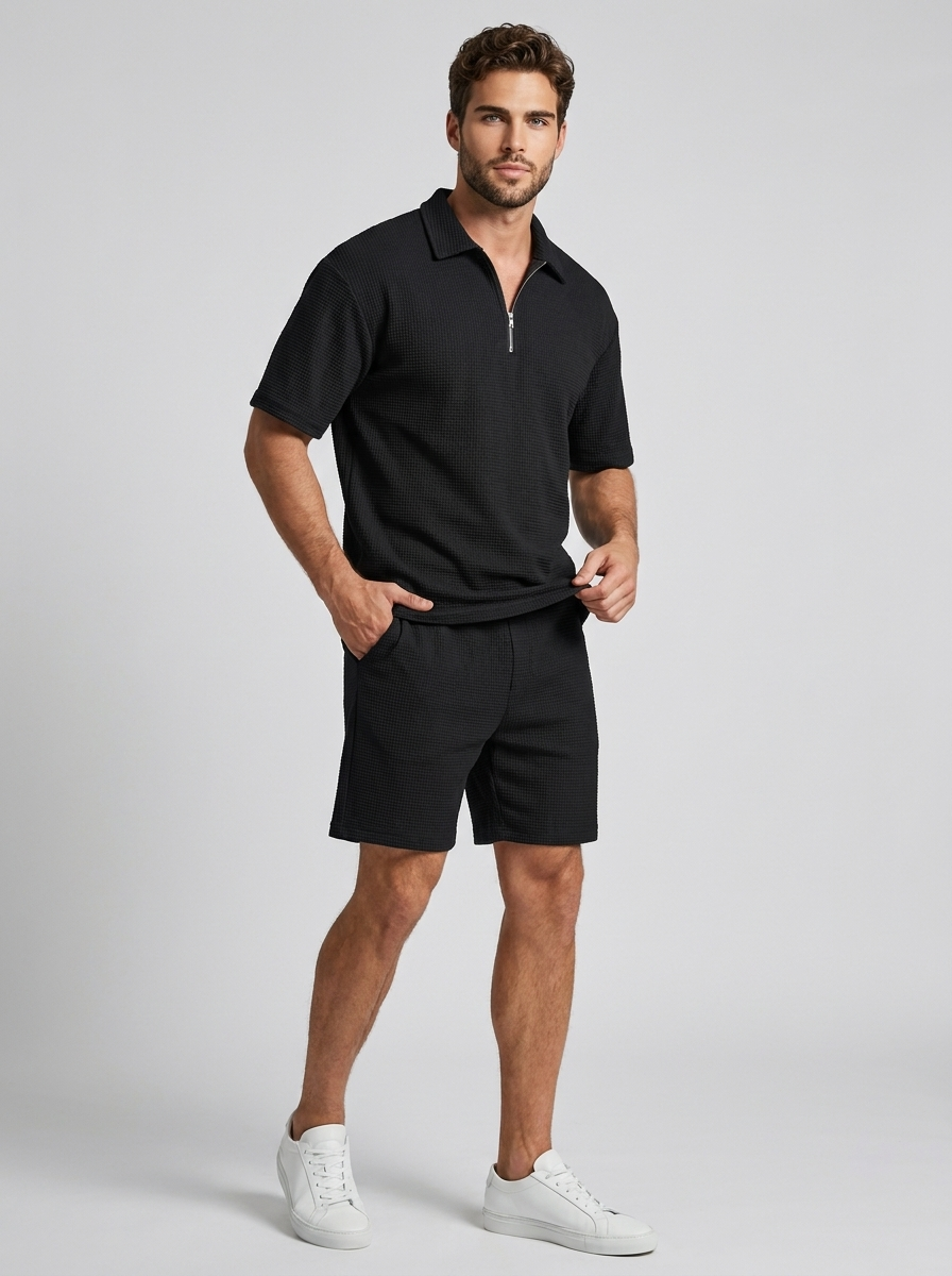 Men's beige Waffle Knit Polo & Shorts Matching Set