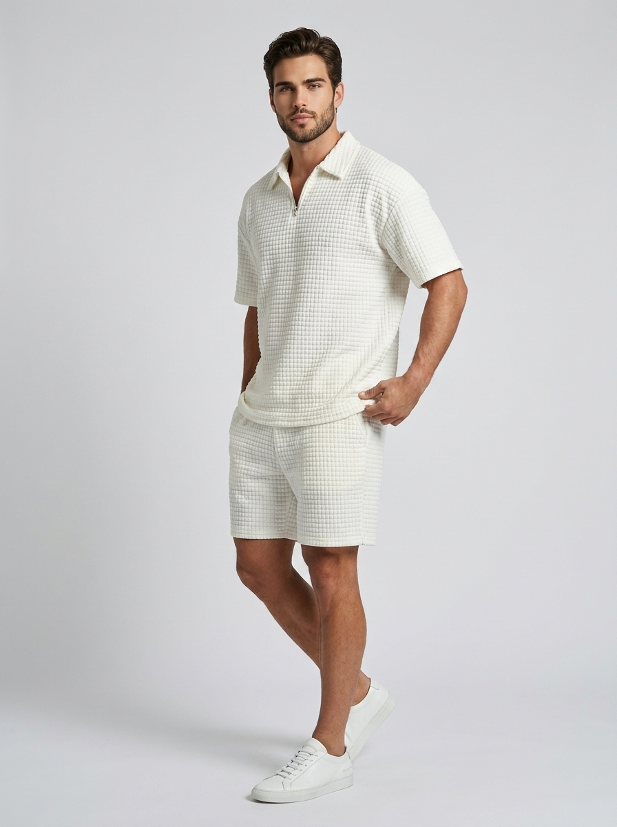 Men's beige Waffle Knit Polo & Shorts Matching Set