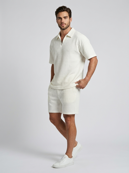 Men's beige Waffle Knit Polo & Shorts Matching Set