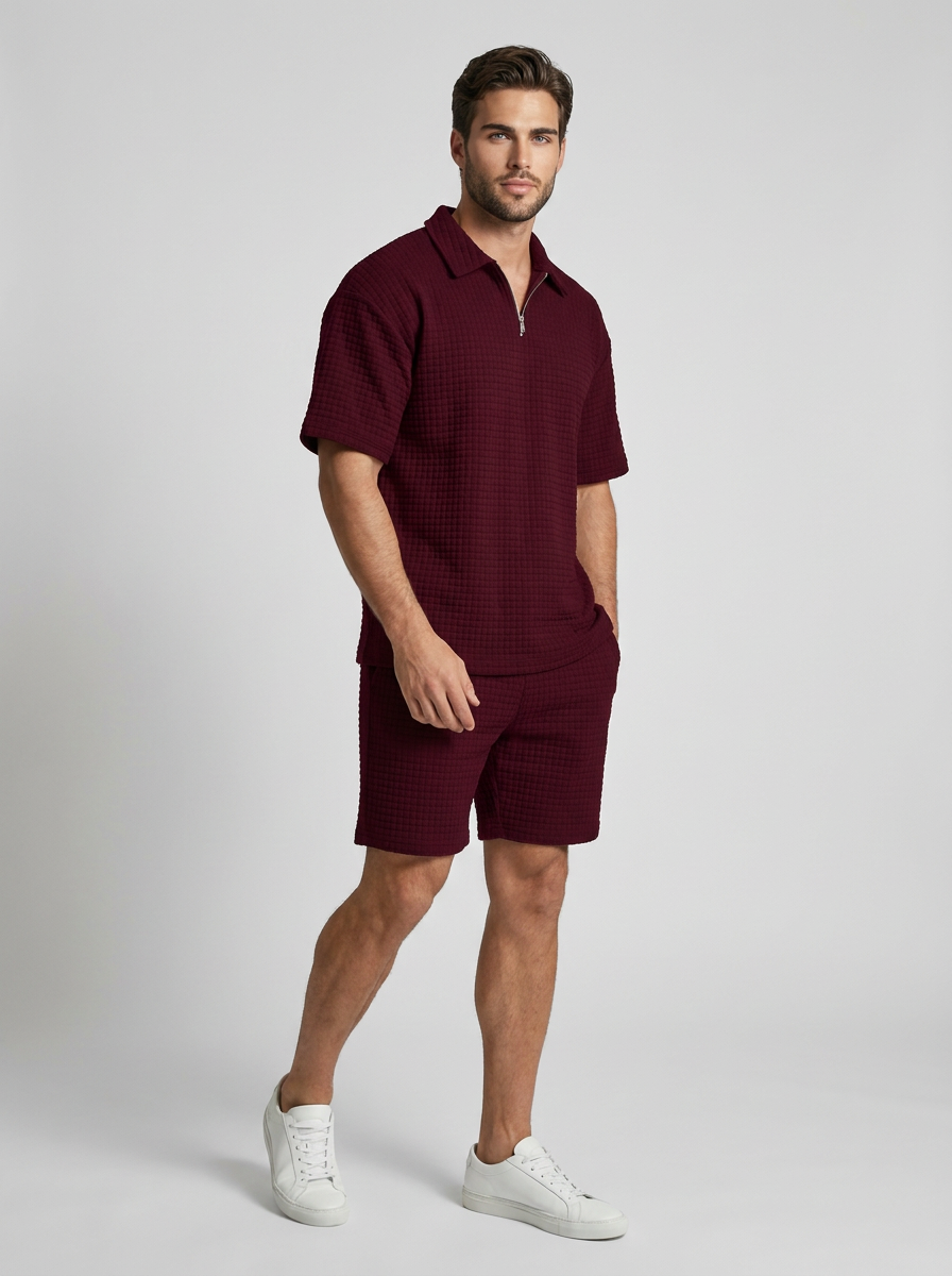 Men's beige Waffle Knit Polo & Shorts Matching Set