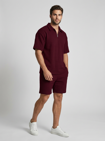 Men's beige Waffle Knit Polo & Shorts Matching Set