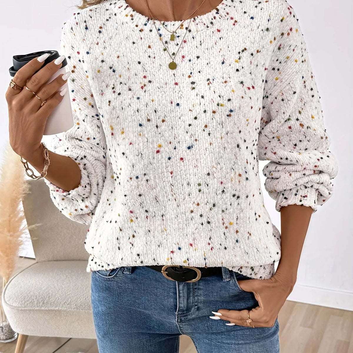 Women's Speckled Round Neck Sweater, Winter Knit Top