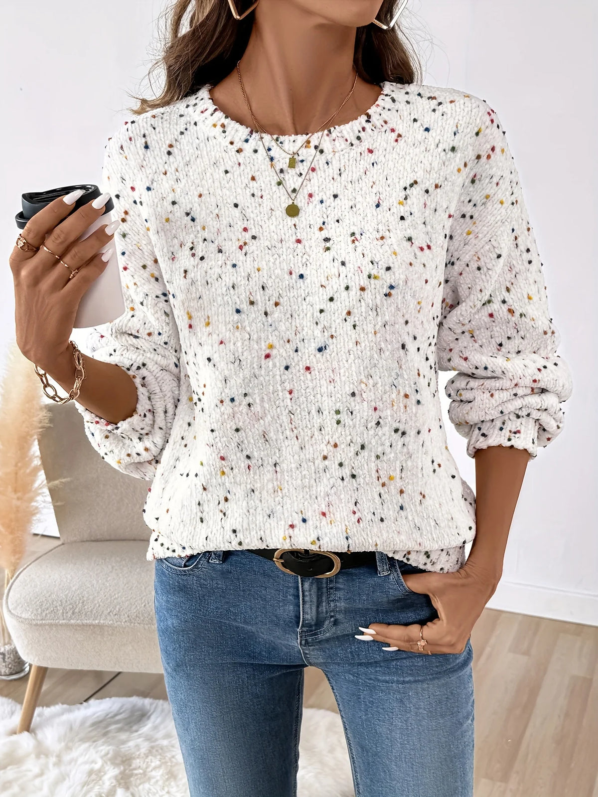 Women's Speckled Round Neck Sweater, Winter Knit Top