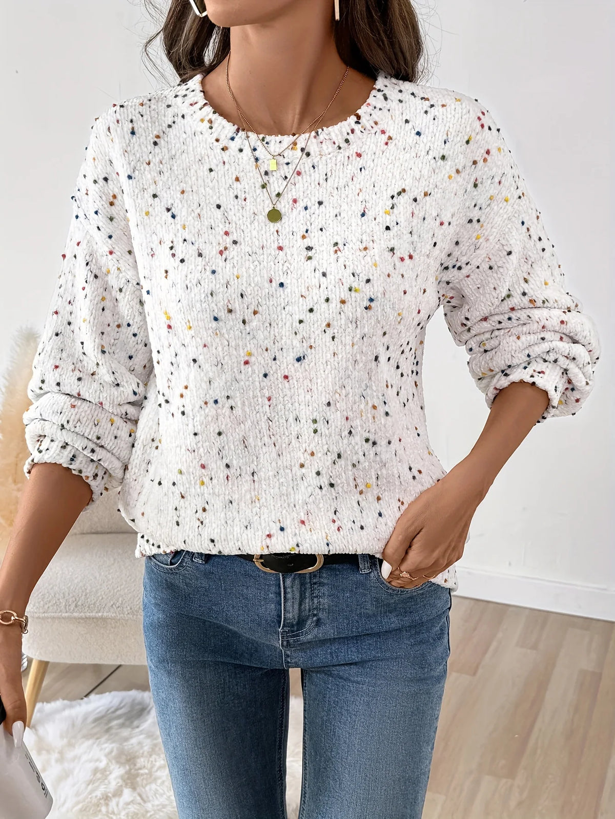Women's Speckled Round Neck Sweater, Winter Knit Top