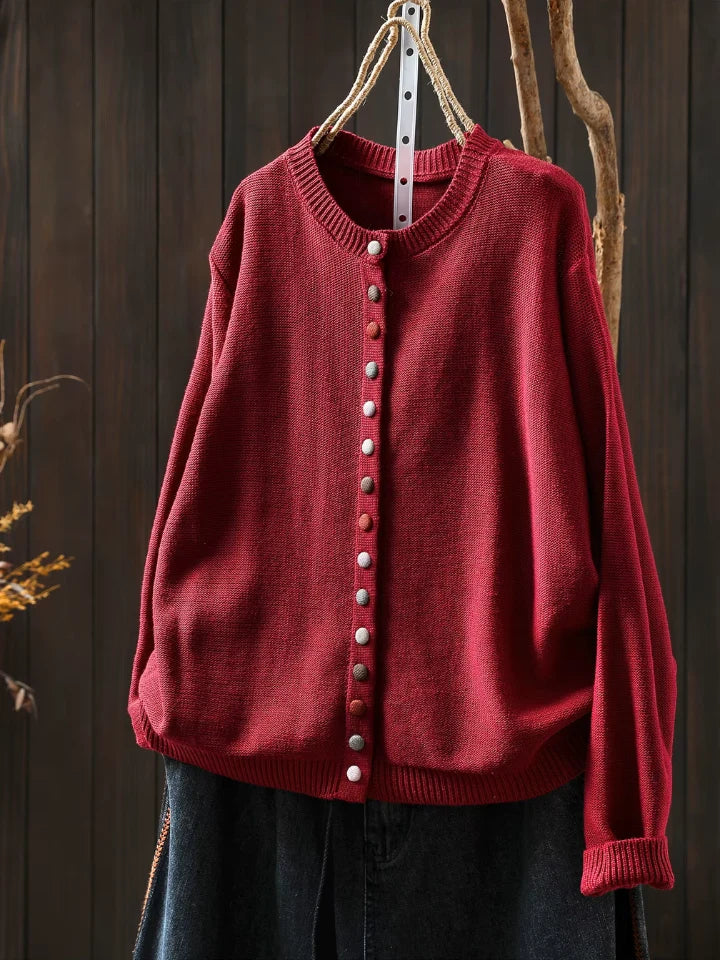 Women's red lightweight knit cardigan with button details