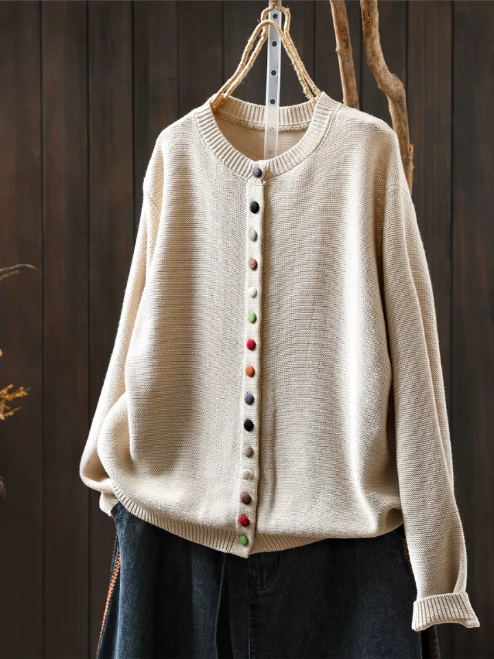 Women's beige lightweight knit cardigan with button details