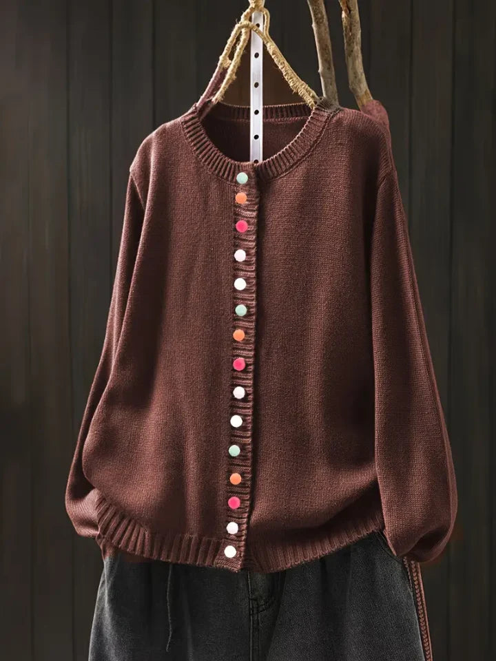 Women's dark brown lightweight knit cardigan with button details